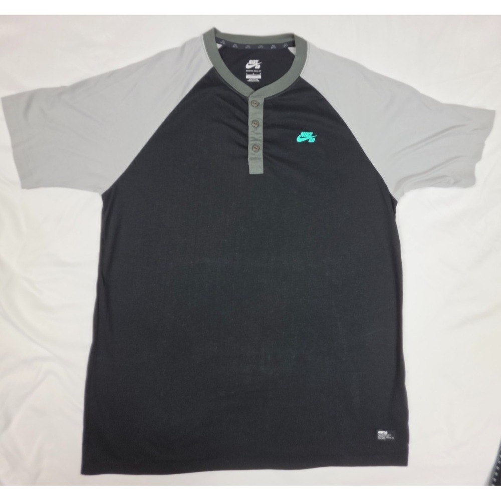 Nike SB Dri-FIT Mens Large Black Gray Raglan Henley Skateboarding Shirt